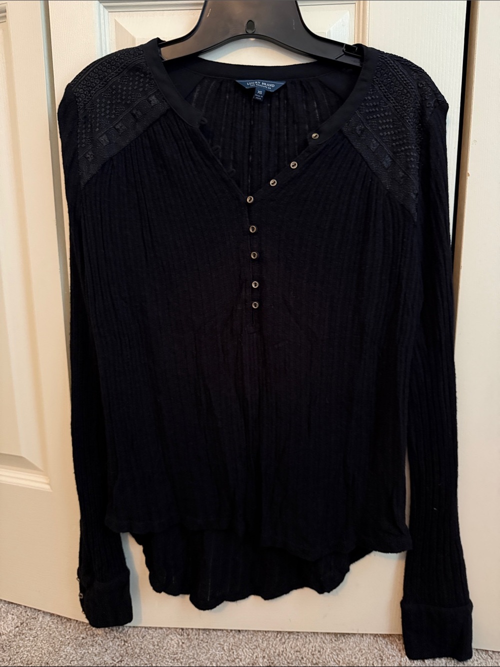 Lucky Brand Black Henley Lace-Yoke Long Sleeve Top